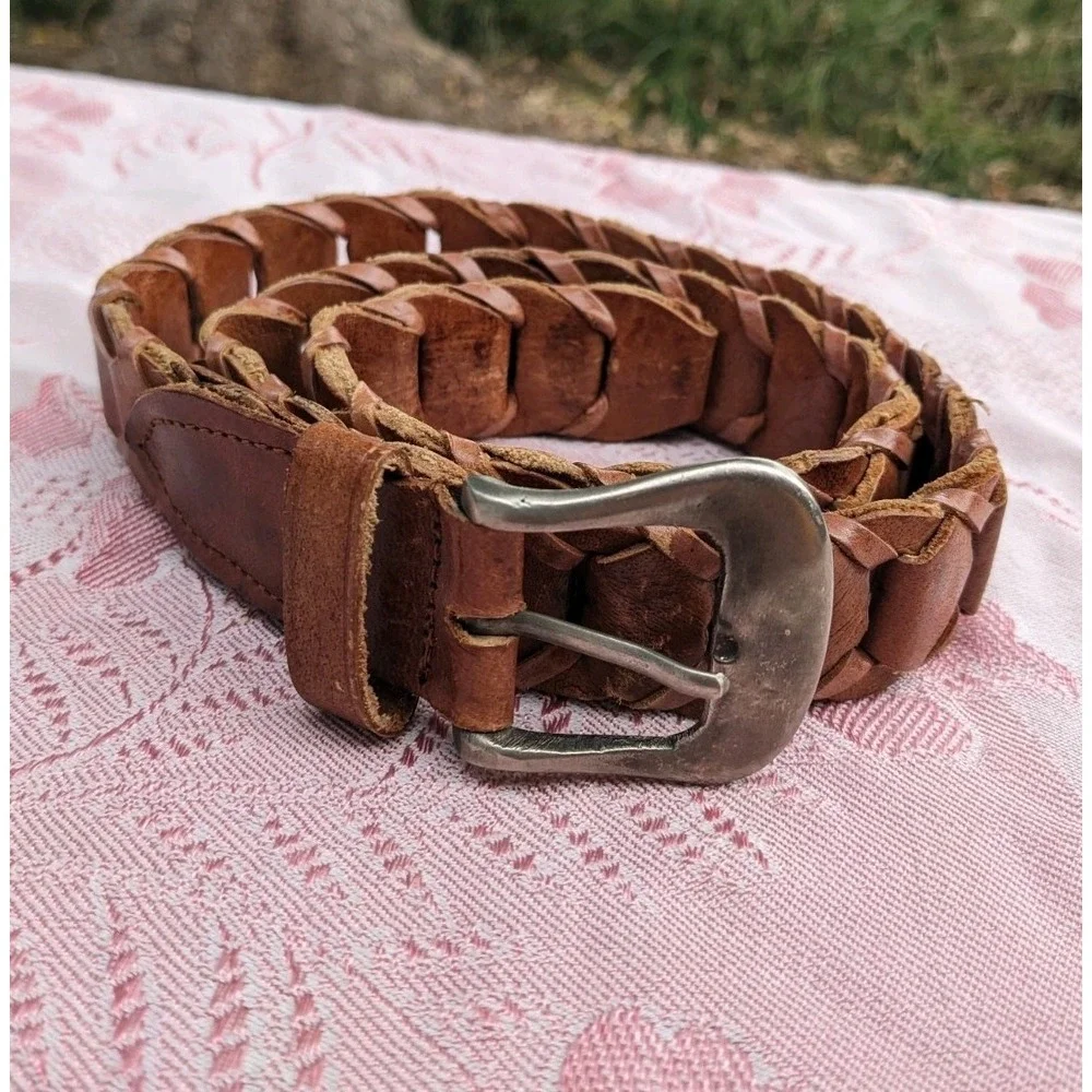 Vintage Brown Braided Woven Leather Belt‎ Buckle Western Boho Women's Medium